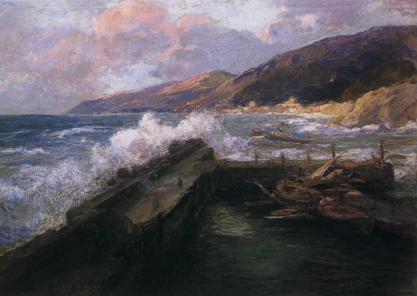 Dipinto di Andrea Figari, Libecciata a Camogli, marina
