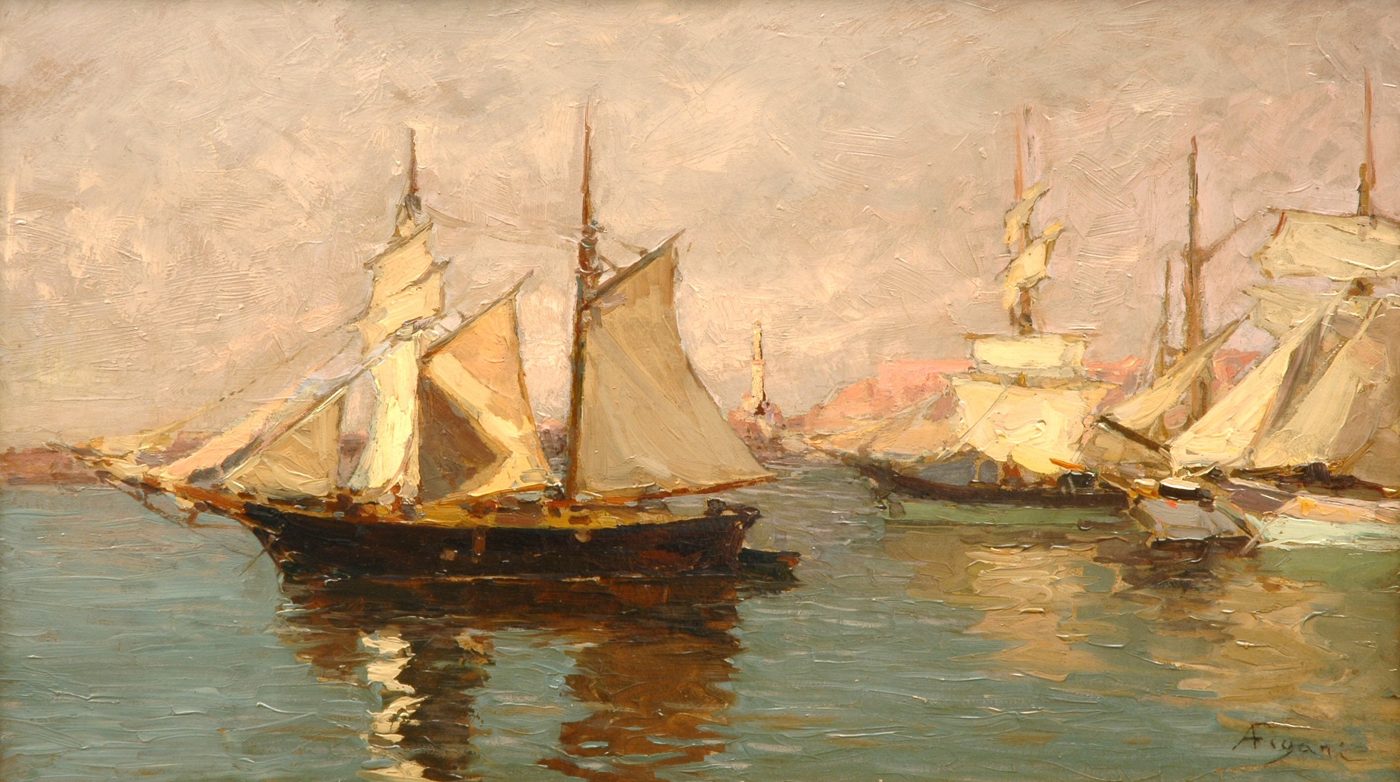 Andrea Figari, Porto di Genova, 1900 circa, olio su cartone