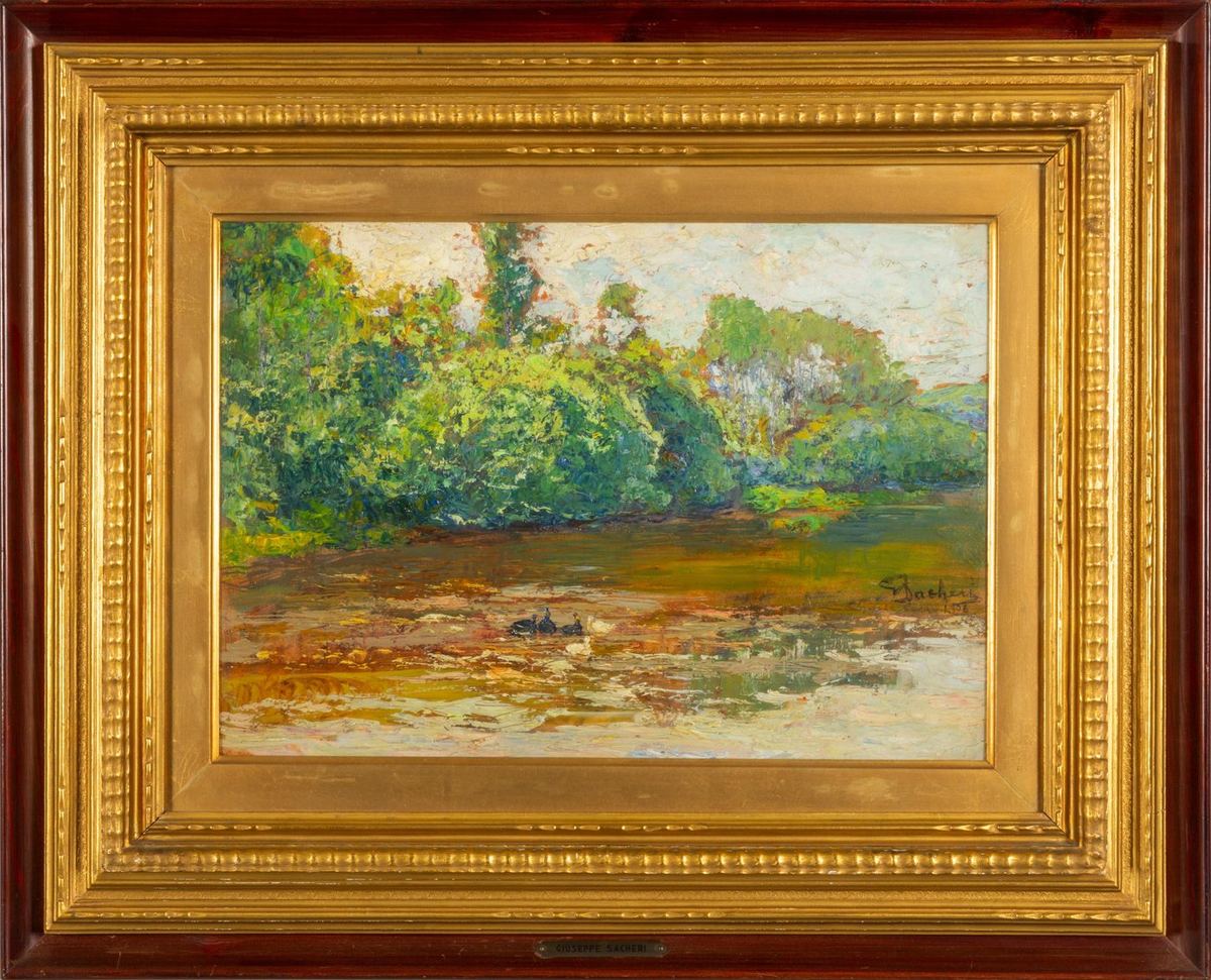 Giuseppe Sacheri, Paesaggio con fiume, olio su cartone